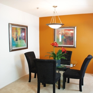 dining area with brightly painted wall in model home